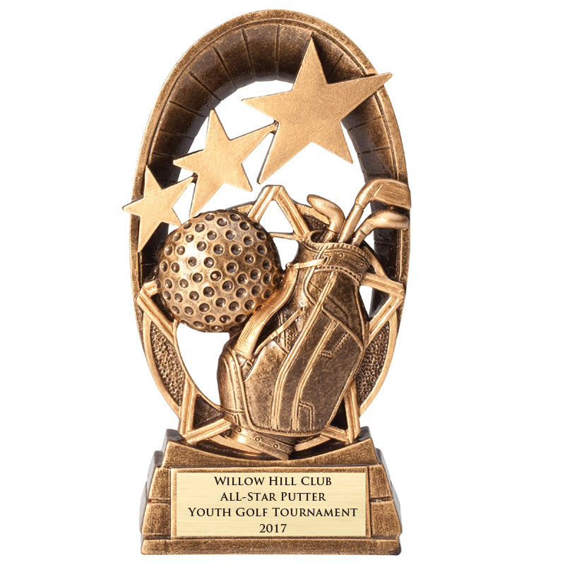 6-1/2 INCH GOLF STAR TROPHY WITH GOLF BAG & BALL HAND PAINTED ANTIQUE GOLD RESIN