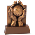 6-1/2 INCH HANDS AND GLOBE TROPHY, ANTIQUE BRASS