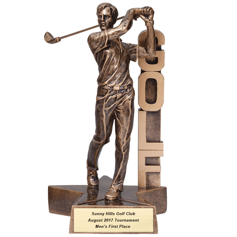 6-1/2 INCH MALE GOLF BILLBOARD TROPHY FOLLOW THROUGH SWING ANTIQUE GOLD PAINTED RESIN