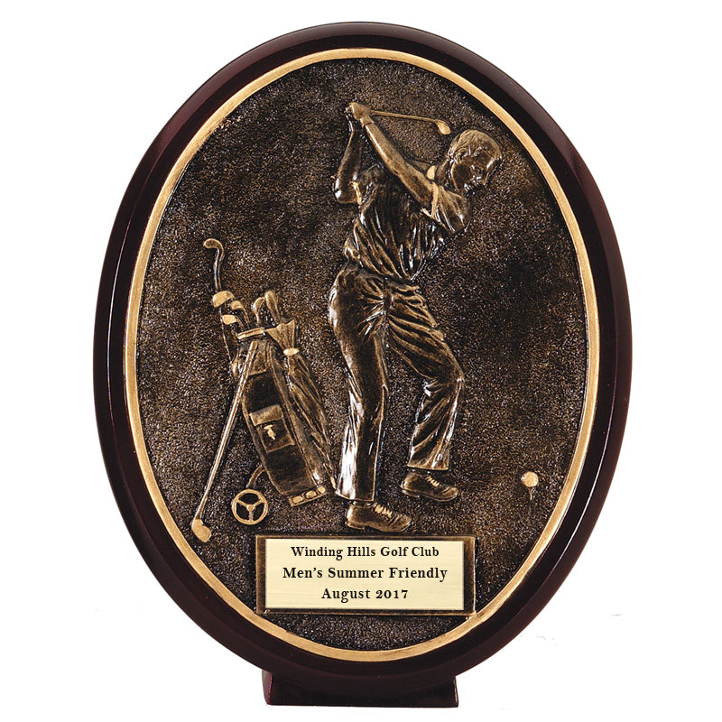 6-1/2 INCH OVAL MALE GOLFER BACK SWING AWARD ANTIQUE RESIN GOLD