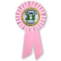 6-1/2 x 3 INCH PINK ROSETTE RIBBON WITH 2 INCH "I GRADUATED FROM PRESCHOOL!" MYLAR INSERT