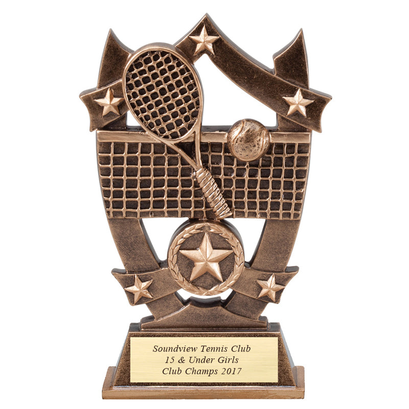 6-1/4 INCH GAME OF TENNIS TROPHY HAND PAINTED RESIN TROPHY, ANTIQUE GOLD WITH GOLD ENGRAVING PLATE