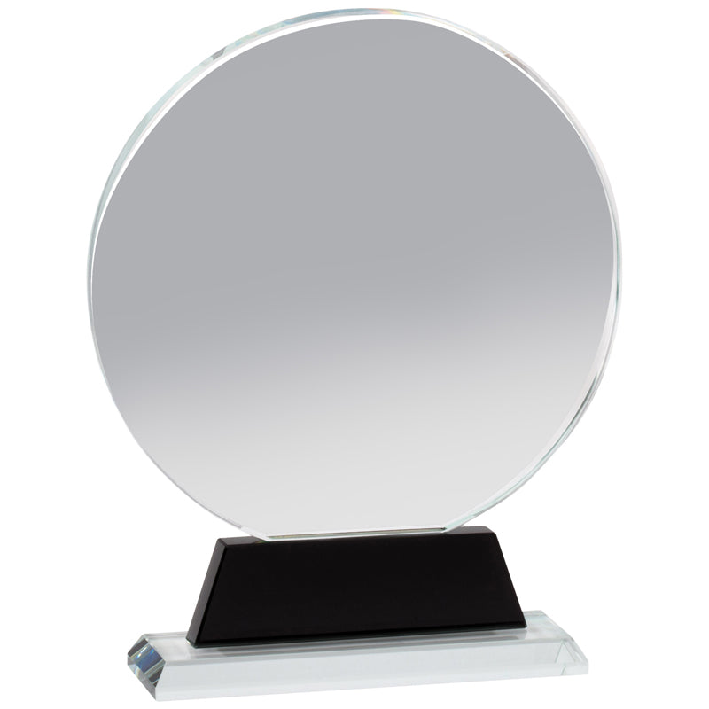 6-1/4 x 8 INCHES ROUND OPTICAL CRYSTAL AWARD ON BLACK PEDESTAL