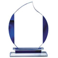 6-1/4 INCH x 9 INCH GLASS FLAME AWARD WITH BLUE ACCENTS ON DOUBLE BASE