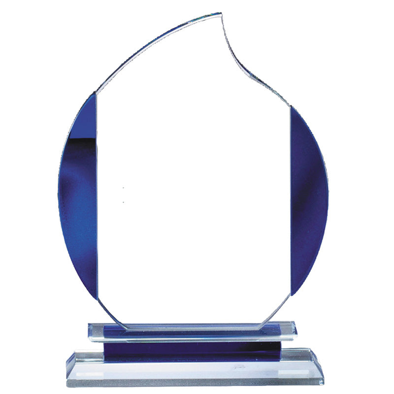 6-1/4 INCH x 9 INCH GLASS FLAME AWARD WITH BLUE ACCENTS ON DOUBLE BASE