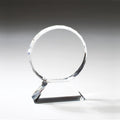 6 INCH CRYSTAL BEVELED AND FACETED CIRCLE ON TRIANGULAR BASE.