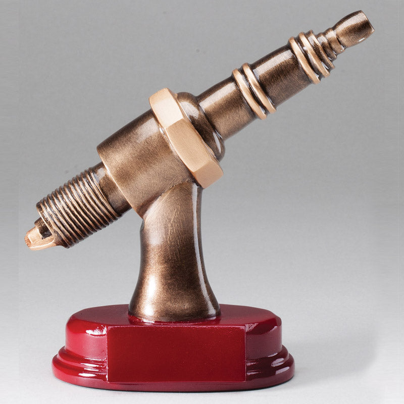 6 INCH AUTO SPARK PLUG TROPHY WITH ANTIQUE GOLD AND ROSEWOOD BASE FINISH