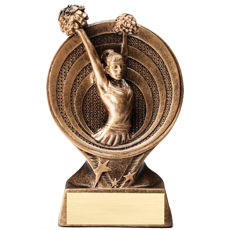 6 INCH CHEERLEADER PARTICIPANT RESIN TROPHY ANTIQUE GOLD FINISH