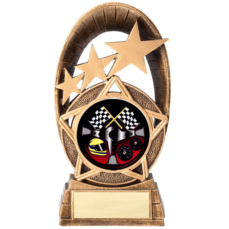 6 INCH GOLD STAR RESIN AUTO RACER TROPHY FULL COLOR INSERT