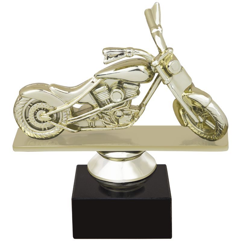 6 INCH CHOPPER MOTORCYCLE GOLD FIGURE ON BLACK MARBLE BASE