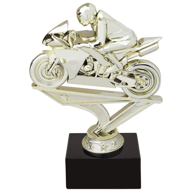 6 INCH RACING MOTORCYCLE GOLD FIGURE ON BLACK MARBLE BASE