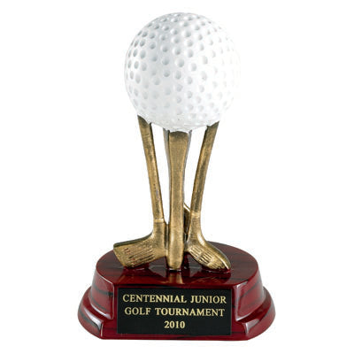 6 INCH RESIN GOLF BALL ON CLUBS TROPHY