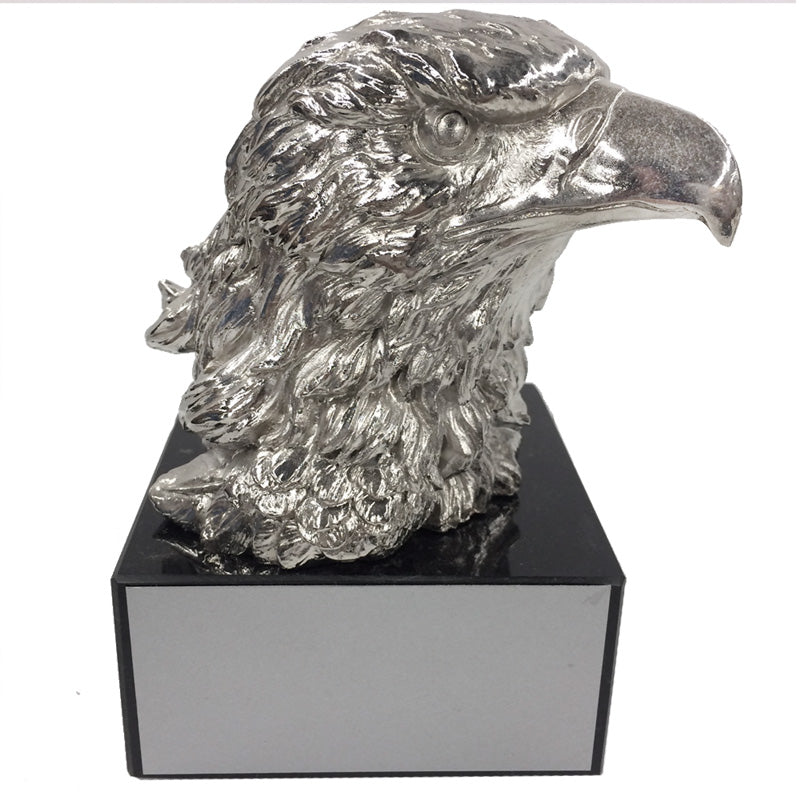 6 INCH TROPHY HEIGHT ANTIQUE SILVER EAGLE HEAD ON BLACK MARBLE BASE