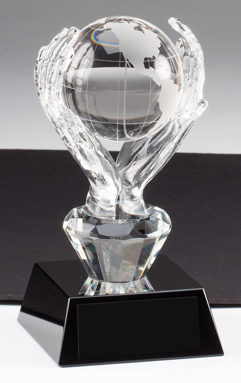 6 X 3 INCH OPTICAL CRYSTAL HANDS HOLDING GLOBE
