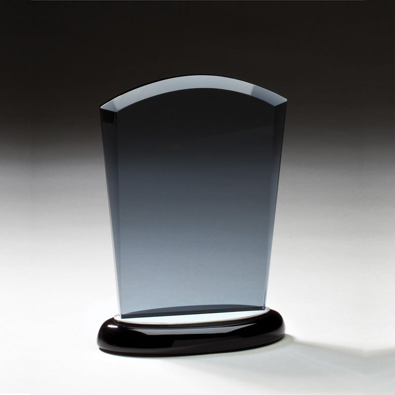 6 INCH SMOKED GLASS AWARD ON BLACK BASE WITH ALUMINUM ACCENTS