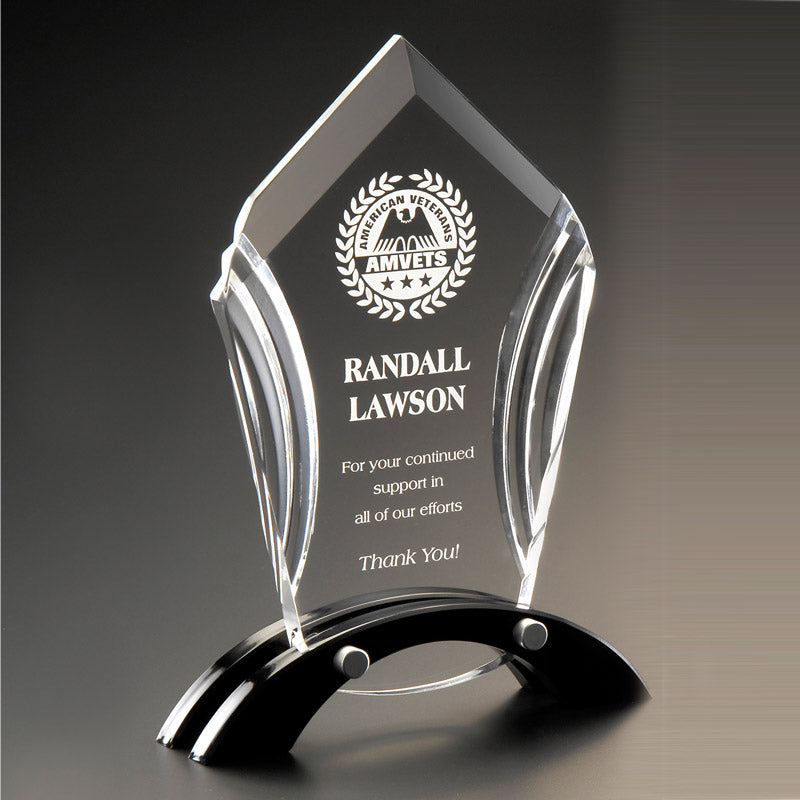 6 INCH X 7-1/4 INCH ACCENT ACRYLIC TROPHY POLISHED AND CUT WITH BLACK REFLECTIVE BLACK BASE