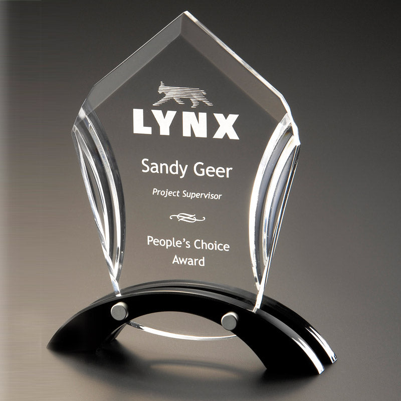 6 INCH X 8-1/4 INCH ACCENT ACRYLIC TROPHY POLISHED AND CUT WITH BLACK REFLECTIVE BLACK BASE