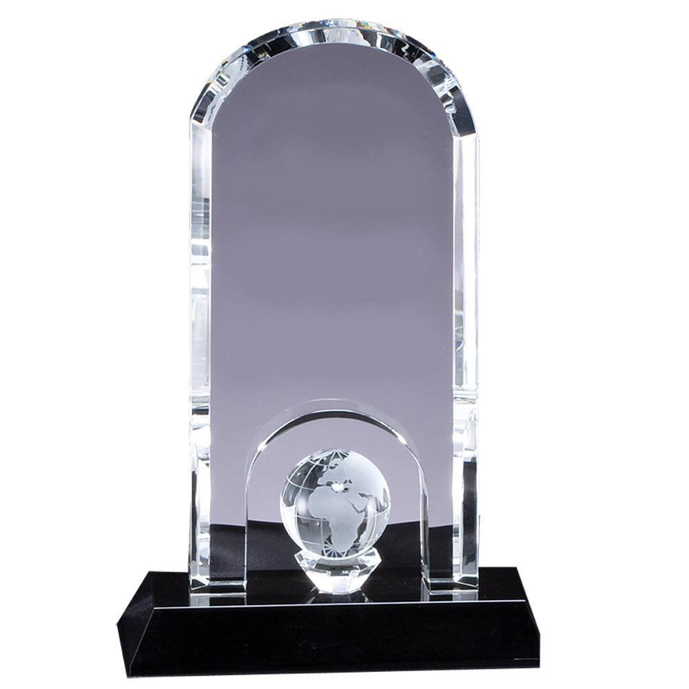 6 x 8-3/4 OPTICAL CRYSTAL DOME WITH GLOBE ON PLANK CRYSTAL BASE