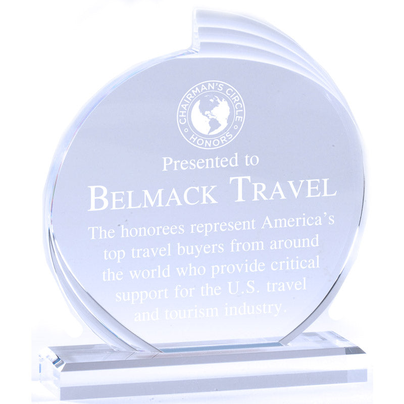 6 INCH X 8 INCH CLEAR ACRYLIC CIRCLE FLAIR AWARD WITH FROSTED EDGES