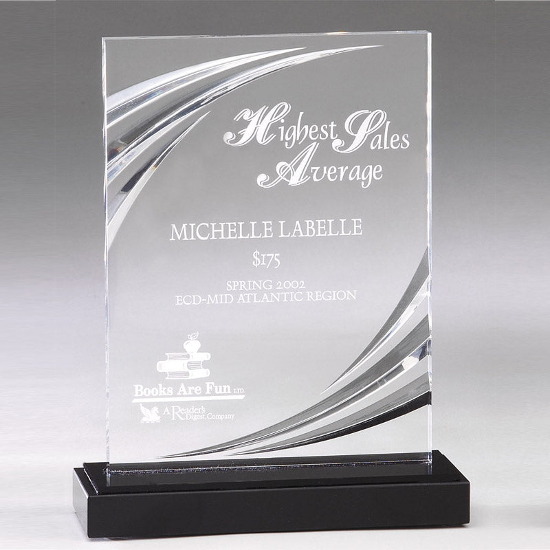 6 INCH X 8 INCH CLEAR MACHINE GROOVED ACRYLIC AWARD RECTANGLE ON MARBLE BASE