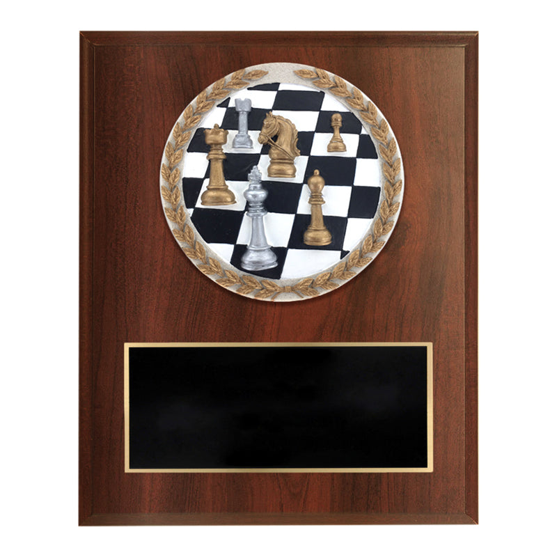 6 X 8 INCH DARK CHERRY FINISH AND CAST STONE RESIN CHESS PLAQUE