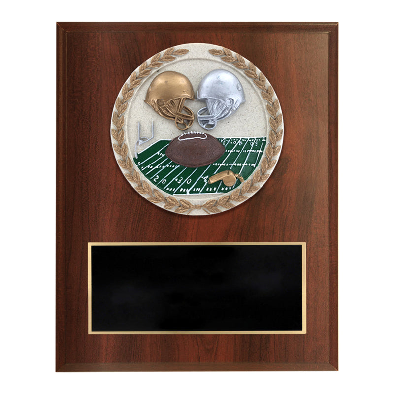 6 X 8 INCH DARK CHERRY FINISH AND CAST STONE RESIN FOOTBALL PLAQUE