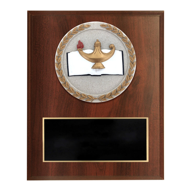 6 X 8 INCH DARK CHERRY FINISH AND CAST STONE RESIN LAMP OF LEARNING PLAQUE