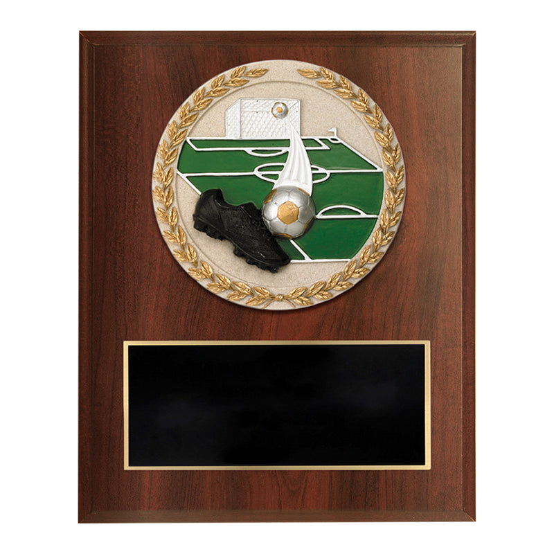 6 X 8 INCH DARK CHERRY FINISH AND CAST STONE RESIN SOCCER PLAQUE