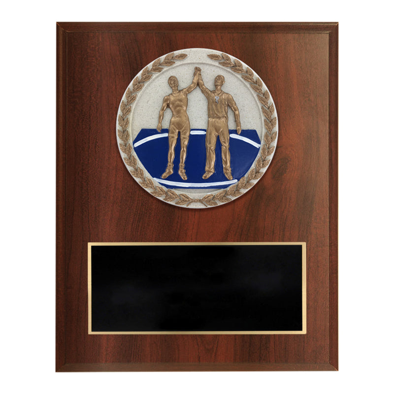 6 X 8 INCH DARK CHERRY FINISH AND CAST STONE RESIN WRESTLING PLAQUE