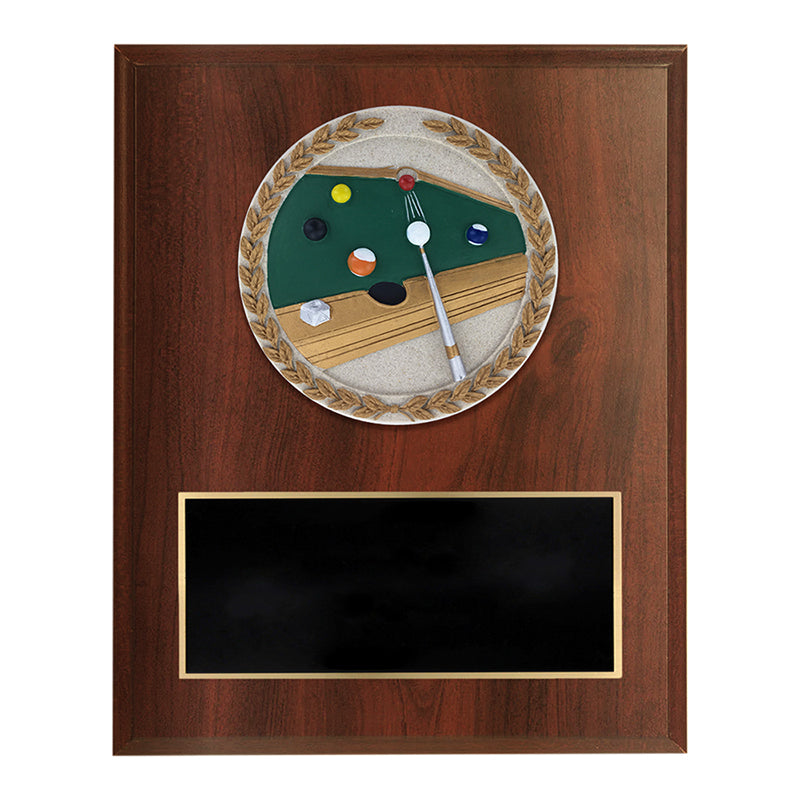 6 x 8 INCH DARK CHERRY FINISH PLAQUE WITH BILLIARDS CAST STONE RESIN PLAQUE MOUNT
