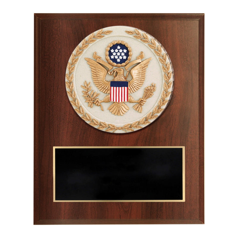 6 X 8 INCH DARK CHERRY FINISH PLAQUE WITH GOLD WREATH AND U.S. SEAL INSIGNIA STONE RESIN PLAQUE MOUNT