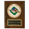 6 X 8 INCH WALNUT FINISH PLAQUE WITH CAST STONE MEDALLION, BLACK PLATE