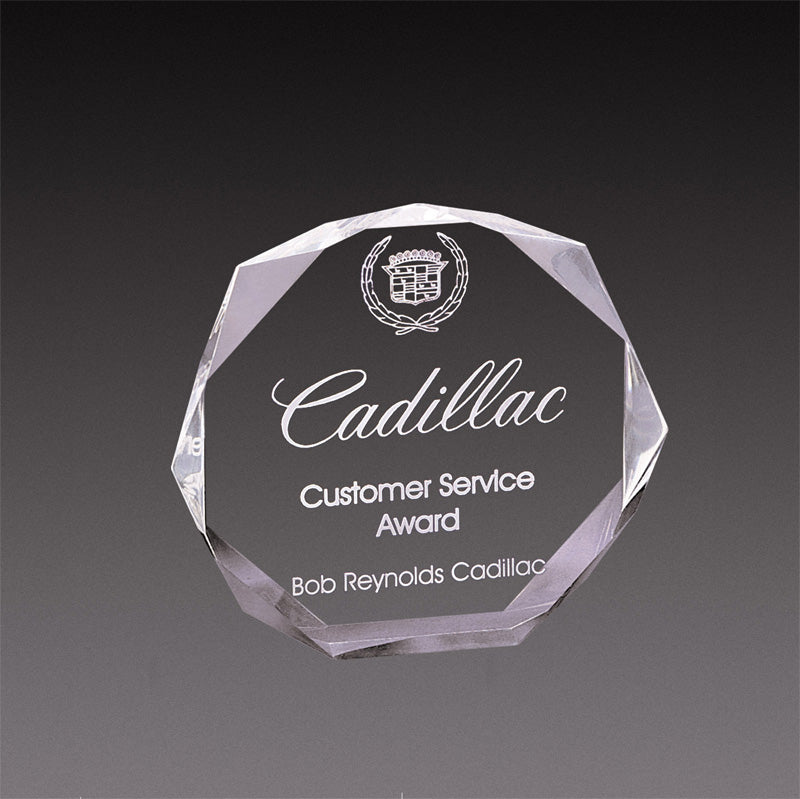 6 INCH X 6 INCH X 1 INCH CORPORATE CLEAR ACRYLIC OCTAGON SHAPE AWARD WITH BEVELED CUT CORNERS