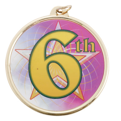 2-1/4 Inch in Diameter Round 6th Place Gold and Mylar Medal with Customizable Back