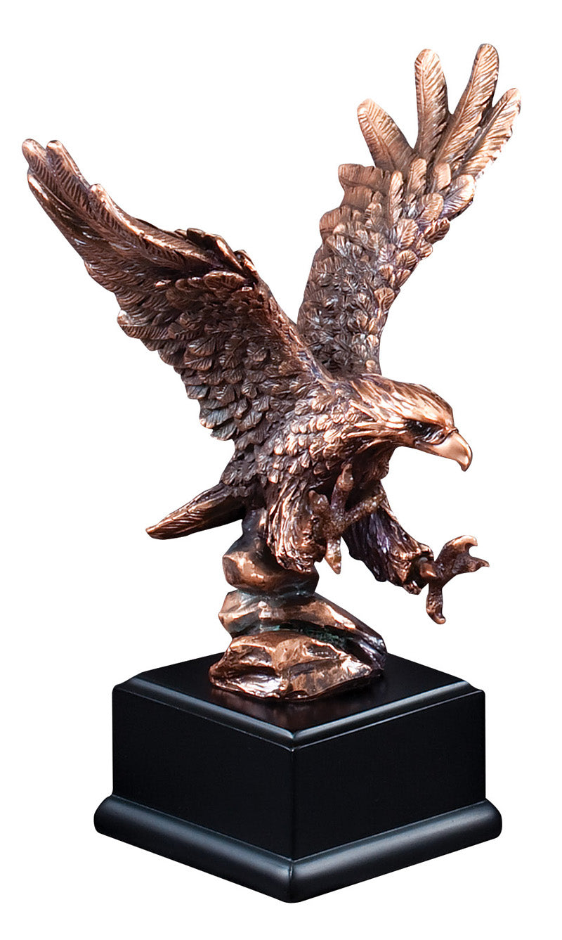 7-1/2 INCH ELECTROPLATED BRONZE ATTACKING AMERICAN EAGLE TROPHY ON BLACK BASE