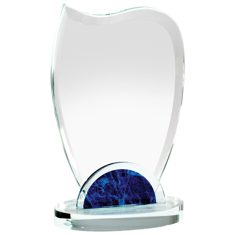 7-1/2 x 4-1/2 INCH OPTICAL CRYSTAL WAVE AWARD WITH BLUE MARBLEIZED BASE