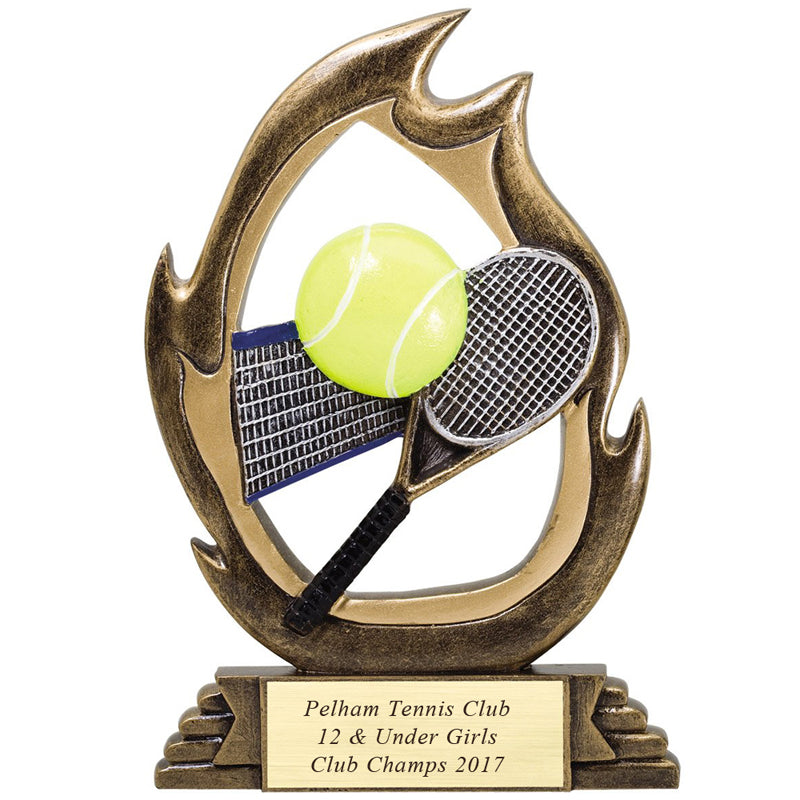 7-1/4 INCH GAME OF TENNIS TROPHY HAND PAINTED RESIN TROPHY, ANTIQUE GOLD WITH GOLD ENGRAVING PLATE