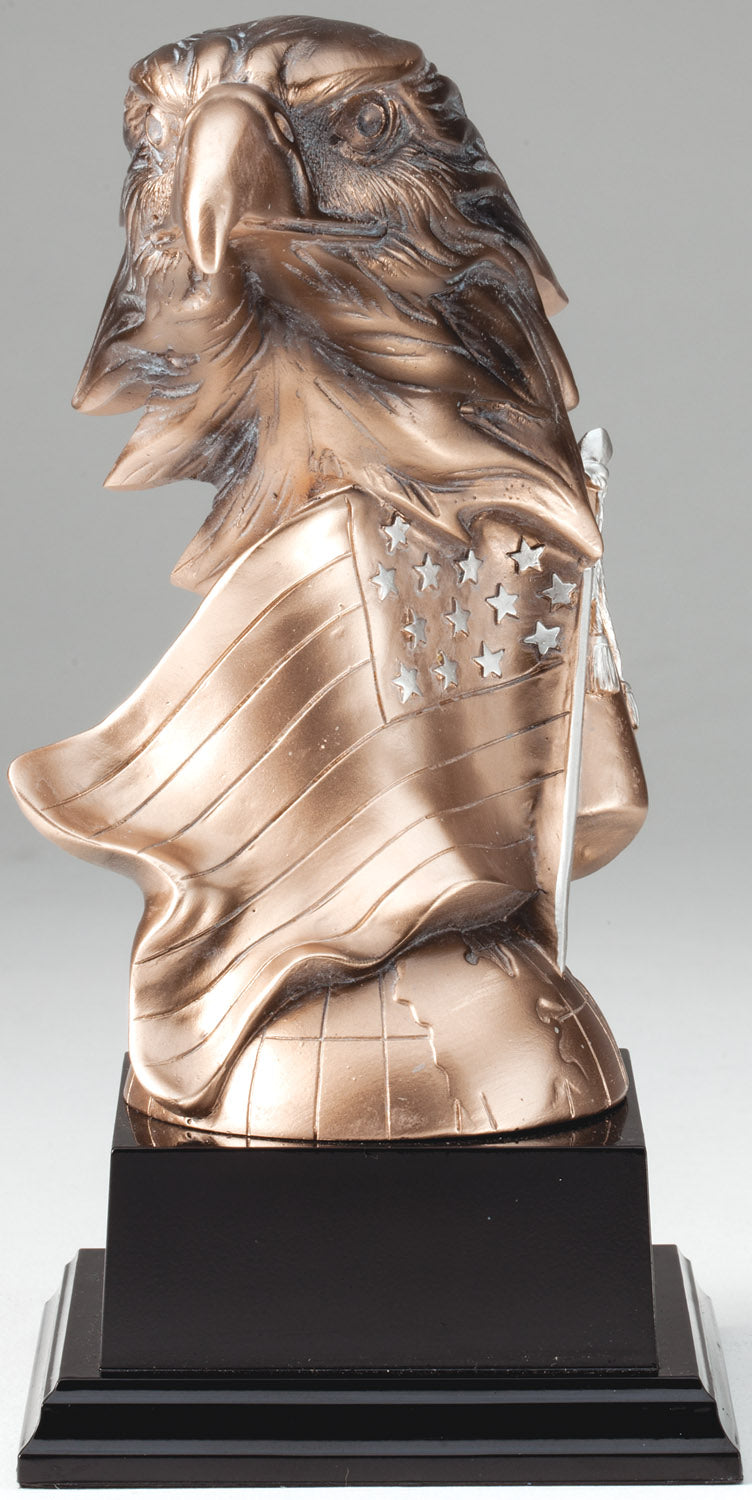 7-1/4 INCH RESIN EAGLE HEAD TROPHY WITH AMERICAN FLAG AND SILVER STARS ON BLACK BASE