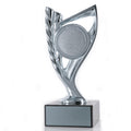 7-3/4 INCH BRIGHT DIE CAST METAL WREATH RISER TROPHY HOLDS 2 INCH MEDALLION INSERT ON BLACK MARBLE BASE