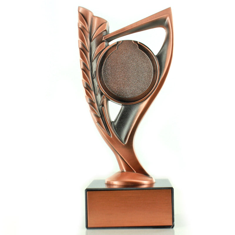 7-3/4 INCH BRIGHT DIE CAST METAL WREATH RISER TROPHY HOLDS 2 INCH MEDALLION INSERT ON BLACK MARBLE BASE