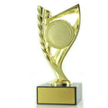 7-3/4 INCH BRIGHT DIE CAST METAL WREATH RISER TROPHY HOLDS 2 INCH MEDALLION INSERT ON BLACK MARBLE BASE