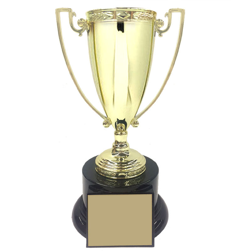 7-3/4 INCH HEIGHT DIE CAST METAL GOLD CUP TROPHY ON BLACK BASE
