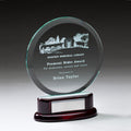 7-3/4 INCH ROUND BEVELED GLASS AWARD ON ROSEWOOD BASE W/ SILVER ENGRAVING PLATE