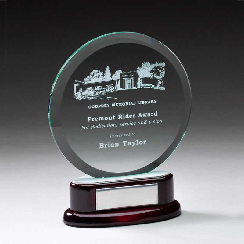 7-3/4 INCH ROUND BEVELED GLASS AWARD ON ROSEWOOD BASE W/ SILVER ENGRAVING PLATE