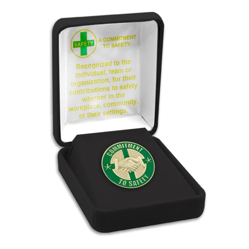 7/8 INCH COMMITMENT TO SAFETY LAPEL PIN IN DELUXE BLACK VELOUR PIN BOX