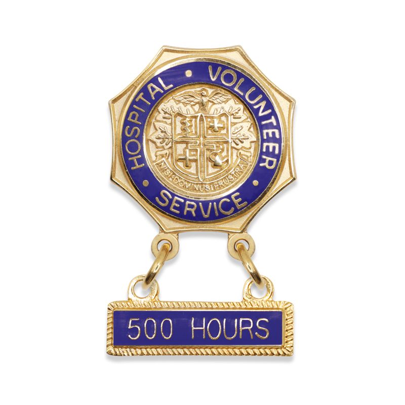 7/8 Inch Enamelled Brass Hospital Volunteer Service "500 Hours" Lapel Pin