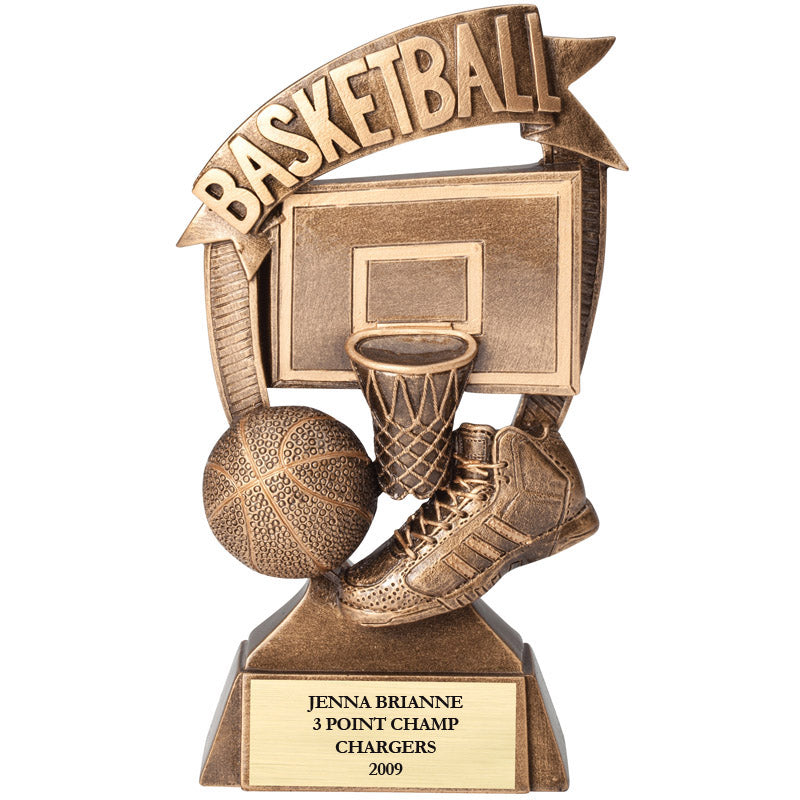 7 INCH BASKETBALL BANNER TROPHY ANTIQUE GOLD RESIN FINISH MATTE GOLD