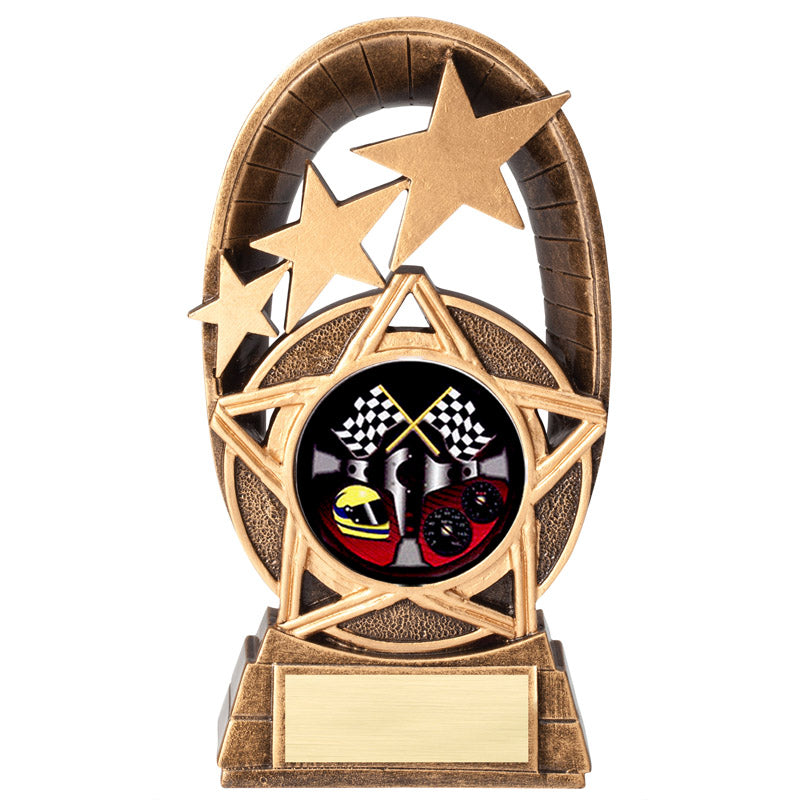 7 INCH GOLD STAR RESIN AUTO RACER TROPHY FULL COLOR INSERT