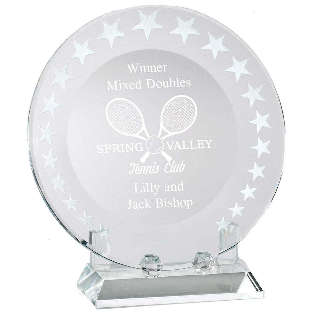 7 INCH DIAMETER OPTICAL CRYSTAL ROUND PLATE TROPHY ON CRYSTAL BASE