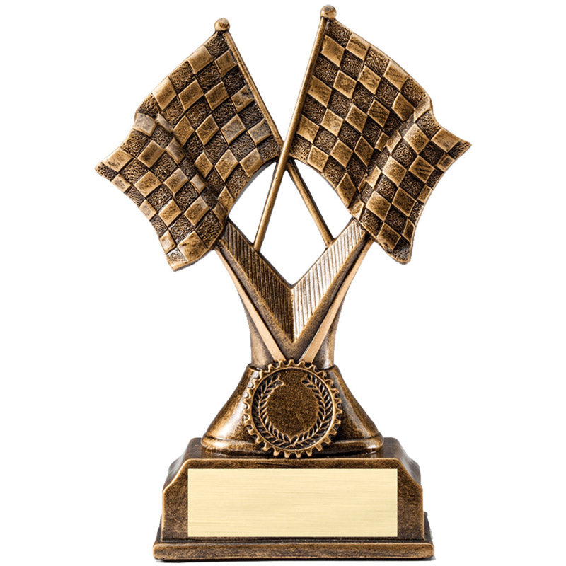 7 INCH RACING CROSS CHECKERED FLAGS ANTIQUE GOLD RESIN FINISH